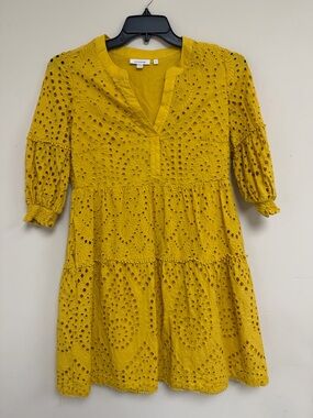 Chico's Mustard Yellow Eyelet Tiered Mini Dress